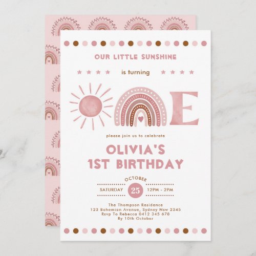 Dusty Pink Rainbow  Sunshine Girl 1st Birthday  Invitation