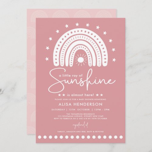 Dusty Pink Ray of Sunshine Boho Girl Baby Shower Invitation