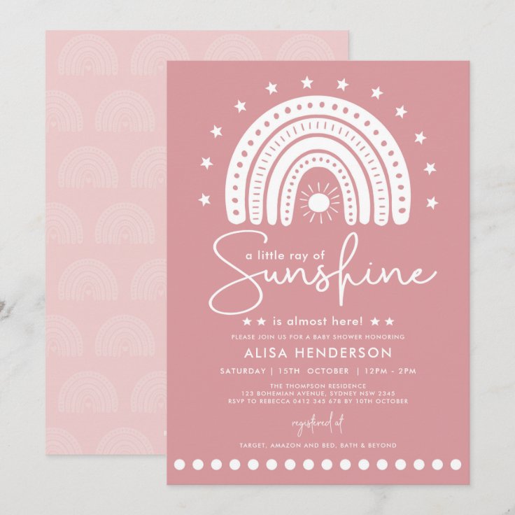 Dusty Pink Ray of Sunshine Boho Girl Baby Shower Invitation | Zazzle
