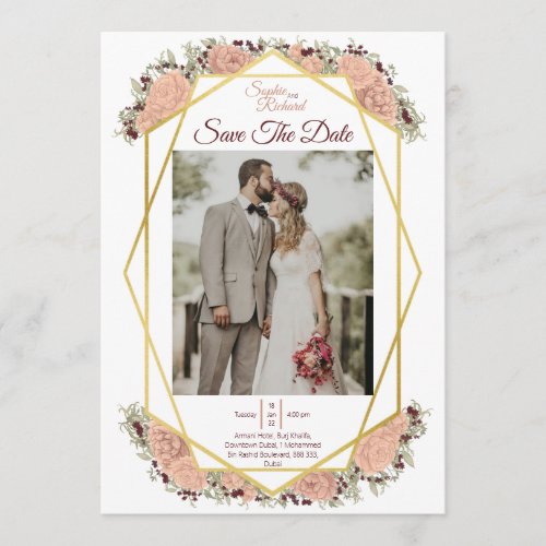 Dusty Pink Red  Gold Peonies Save The Date Card