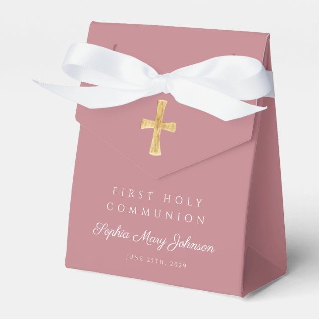Dusty Pink Religious Cross Girl First Communion Favor Boxes (Front Side)