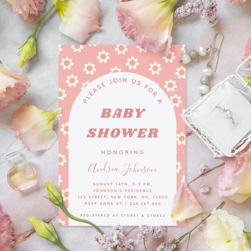 Dusty Pink Retro Daisy Pattern Girl Baby Shower Invitation