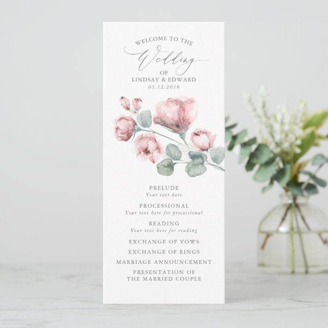 Dusty Pink Romantic Elegant Flowers Wedding Program (Standing Front)