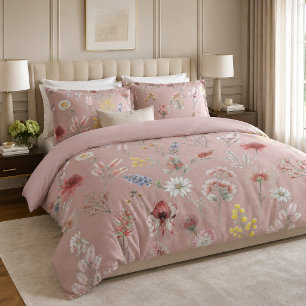 Dusty Pink Romantic Watercolor Wildflowers Duvet Cover
