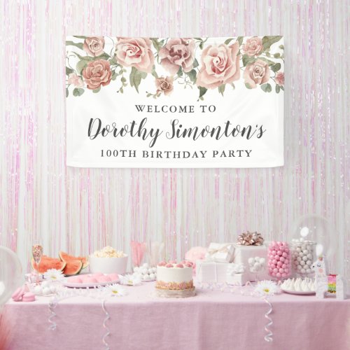 Dusty Pink Rose 100th Birthday Party Welcome Banner