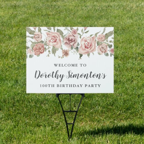Dusty Pink Rose 100th Birthday Party Welcome Yard Sign