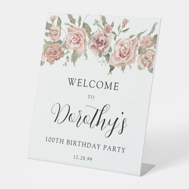 Dusty Pink Rose 100th Birthday Welcome Tabletop Pedestal Sign (Front)
