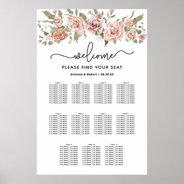 Dusty Pink Rose 11-Table Wedding Seating Chart (Front)