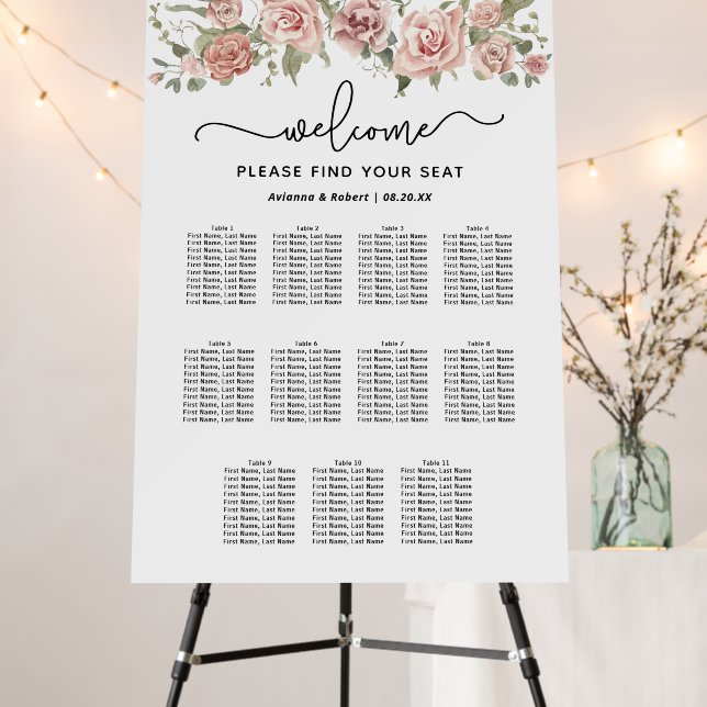 Dusty Pink Rose 11-Table Wedding Seating Chart Foam Board (In Situ (Stand))