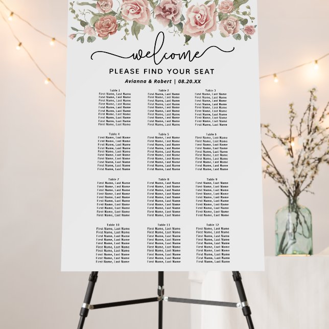 Dusty Pink Rose 12-Table Wedding Seating Chart Foam Board (In Situ (Stand))
