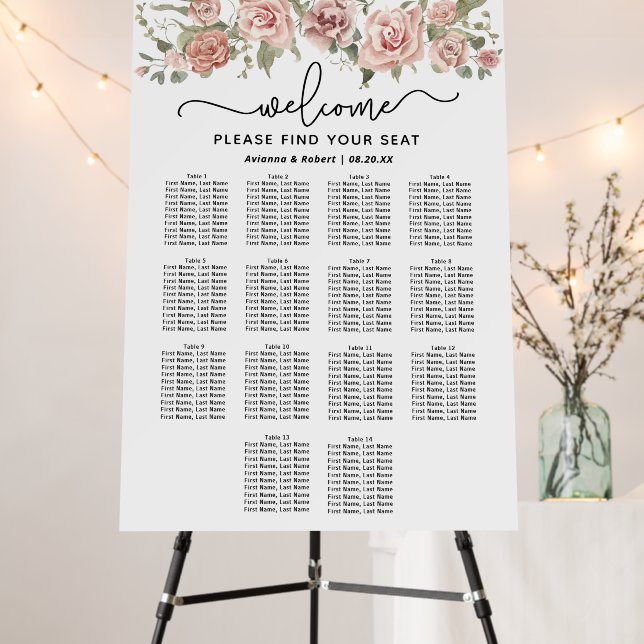 Dusty Pink Rose 14-Table Wedding Seating Chart Foam Board (In Situ (Stand))