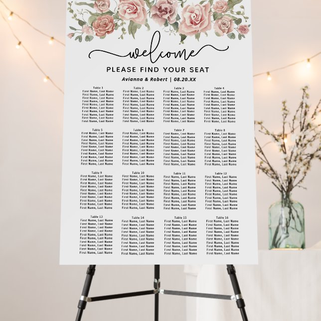 Dusty Pink Rose 16-Table Wedding Seating Chart Foam Board (In Situ (Stand))