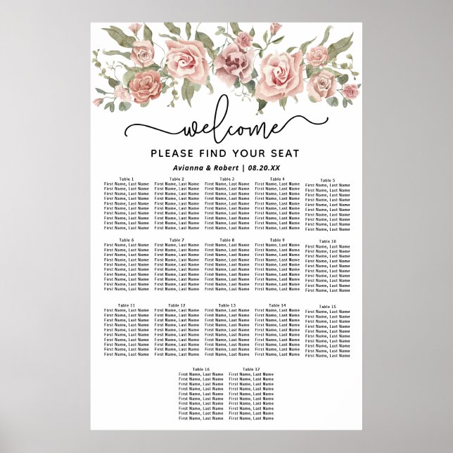 Dusty Pink Rose 17-Table Wedding Seating Chart (Front)