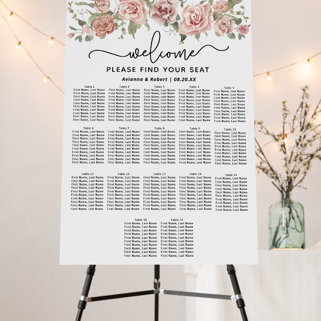 Dusty Pink Rose 17-Table Wedding Seating Chart Foam Board (In Situ (Stand))