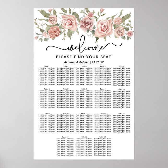 Dusty Pink Rose 18-Table Wedding Seating Chart (Front)