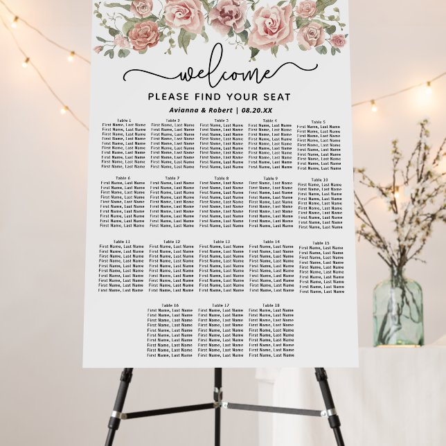 Dusty Pink Rose 18-Table Wedding Seating Chart Foam Board (In Situ (Stand))