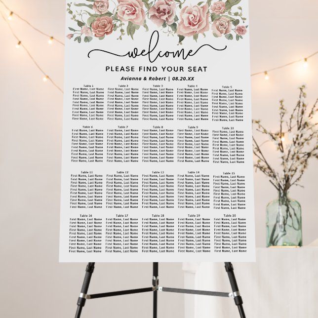 Dusty Pink Rose 20-Table Wedding Seating Chart Foam Board (In Situ (Stand))