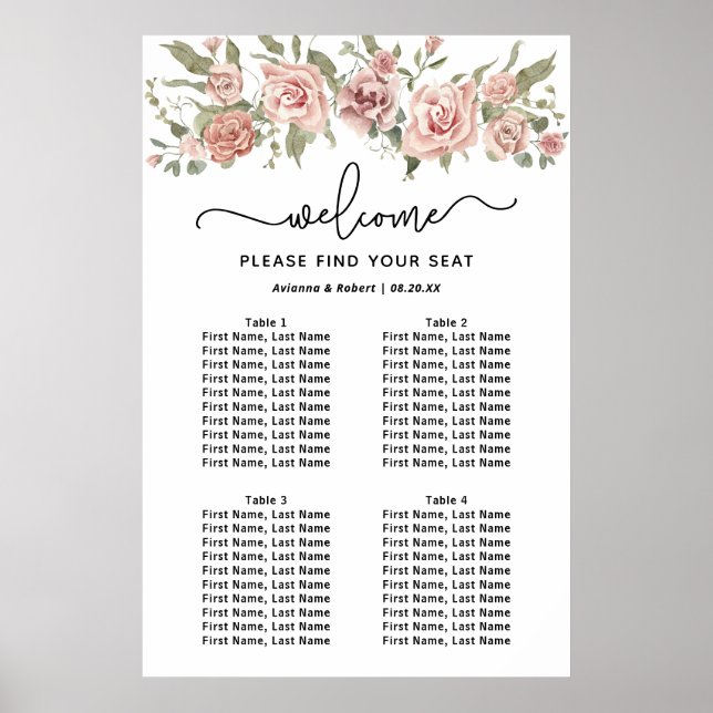 Dusty Pink Rose 4-Table Wedding Seating Chart (Front)