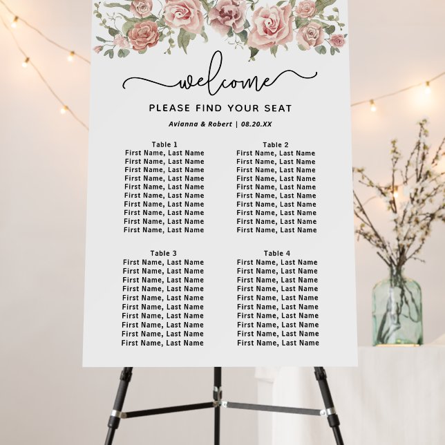 Dusty Pink Rose 4-Table Wedding Seating Chart Foam Board (In Situ (Stand))