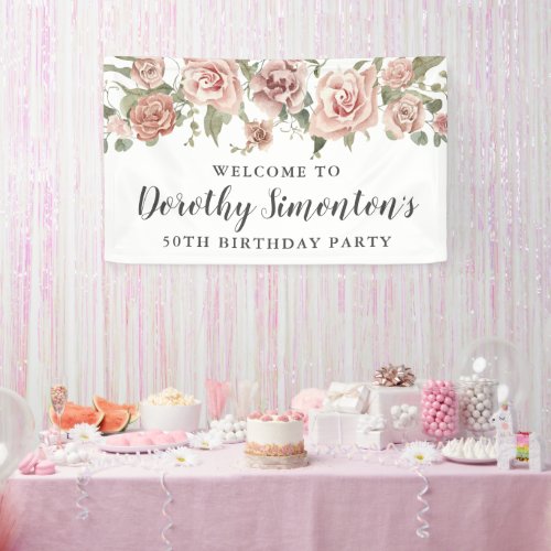 Dusty Pink Rose 50th Birthday Party Welcome Banner