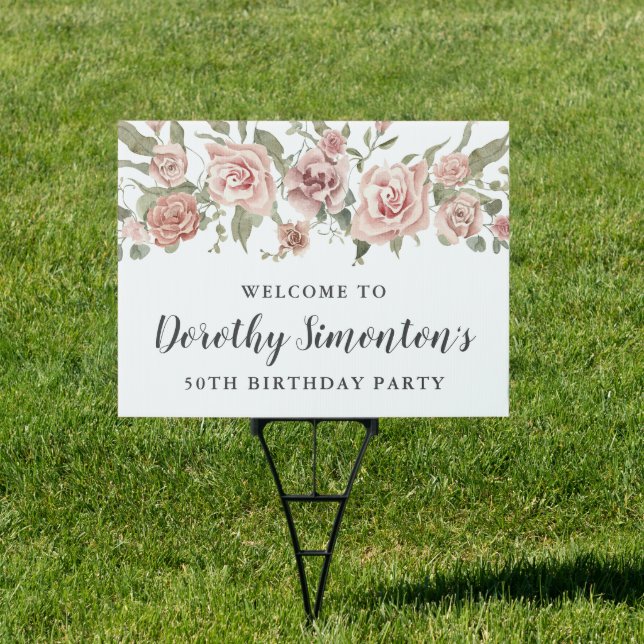 Dusty Pink Rose 50th Birthday Party Welcome Yard Sign (Insitu)