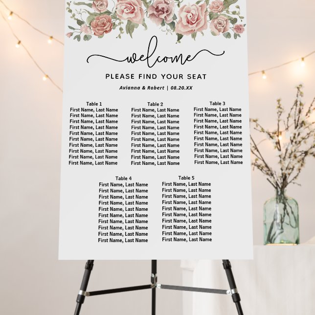 Dusty Pink Rose 5-Table Wedding Seating Chart Foam Board (In Situ (Stand))