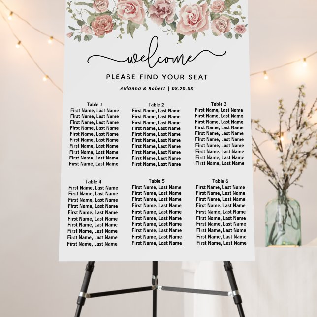 Dusty Pink Rose 6-Table Wedding Seating Chart Foam Board (In Situ (Stand))