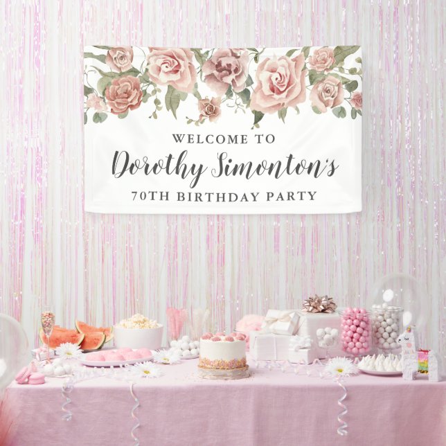 Dusty Pink Rose 70th Birthday Party Welcome Banner (Party)