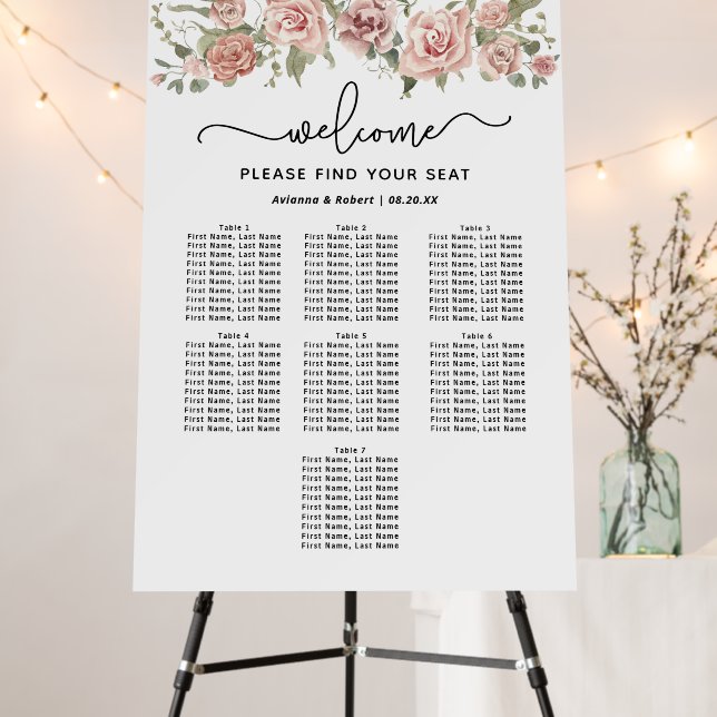 Dusty Pink Rose 7-Table Wedding Seating Chart Foam Board (In Situ (Stand))