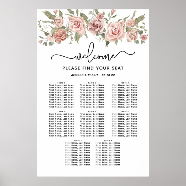 Dusty Pink Rose 8-Table Wedding Seating Chart (Front)