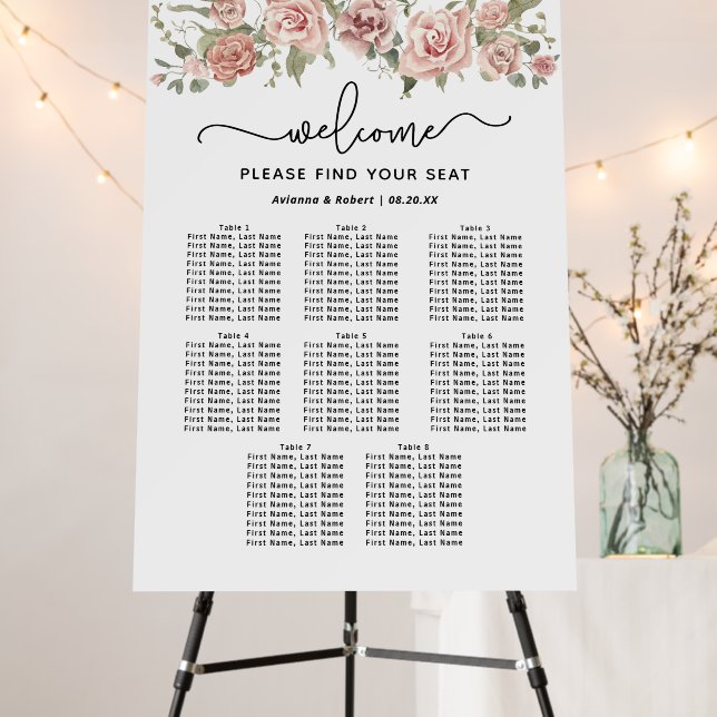 Dusty Pink Rose 8-Table Wedding Seating Chart Foam Board (In Situ (Stand))