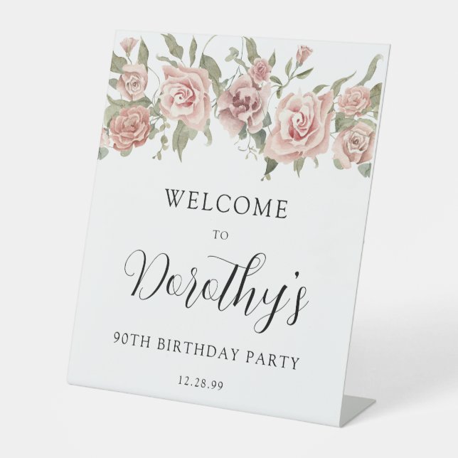 Dusty Pink Rose 90th Birthday Welcome Tabletop Pedestal Sign (Front)