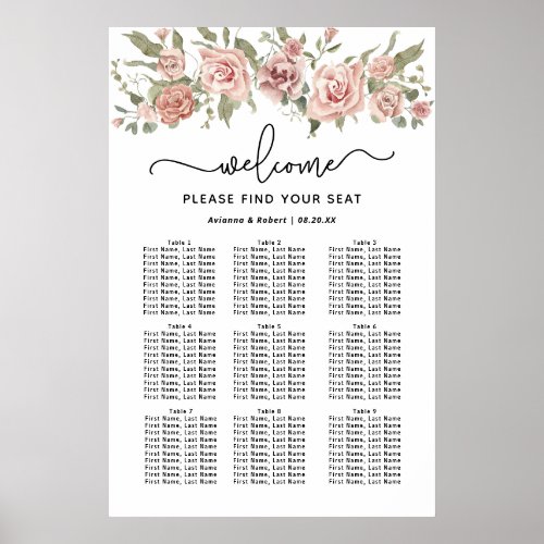 Dusty Pink Rose 9_Table Wedding Seating Chart