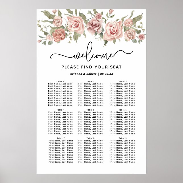 Dusty Pink Rose 9-Table Wedding Seating Chart (Front)