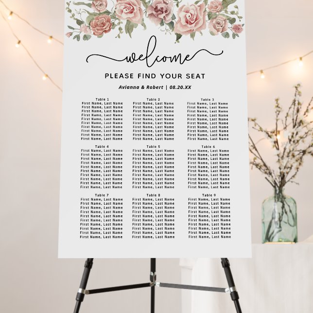Dusty Pink Rose 9-Table Wedding Seating Chart Foam Board (In Situ (Stand))