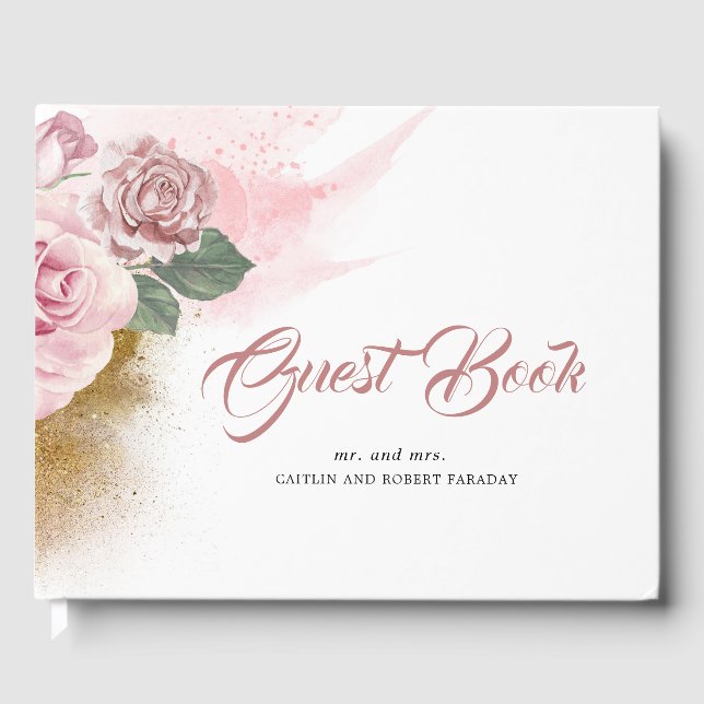 Dusty Pink Rose and Gold Glitter Wedding Guest Book (Front)