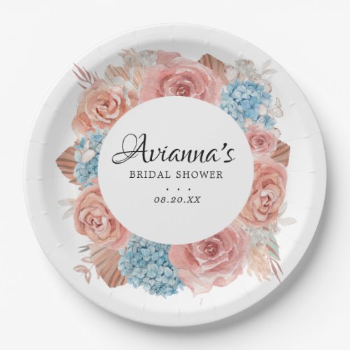 Dusty Pink Rose Blue Floral Bridal Shower Paper Plates