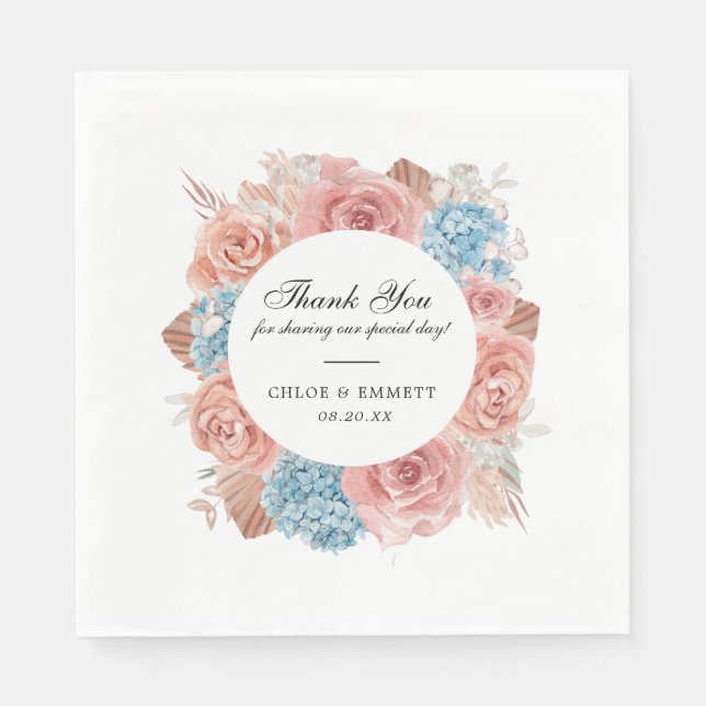 Dusty Pink Rose Blue Hydrangea Wedding  Napkins (Front)
