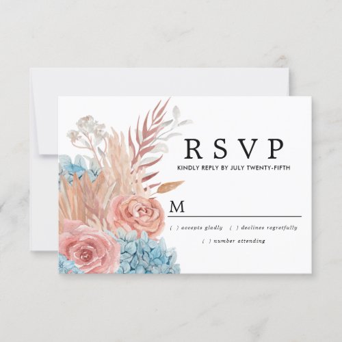 Dusty Pink Rose Blue Hydrangea Wedding RSVP Card