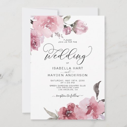 Dusty Pink Rose Blush Flowers Floral Wedding Invitation
