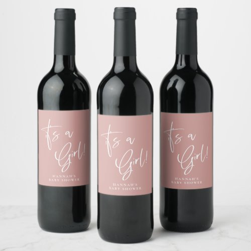 Dusty Pink Rose Bohemian Baby Shower Its a girl Wine Label