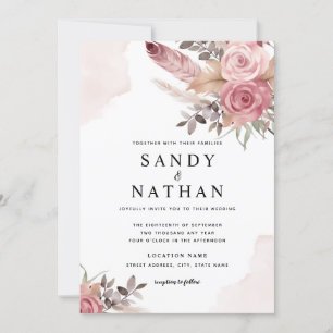 Dusty Pink Rose Boho Flowers Wedding Invitation