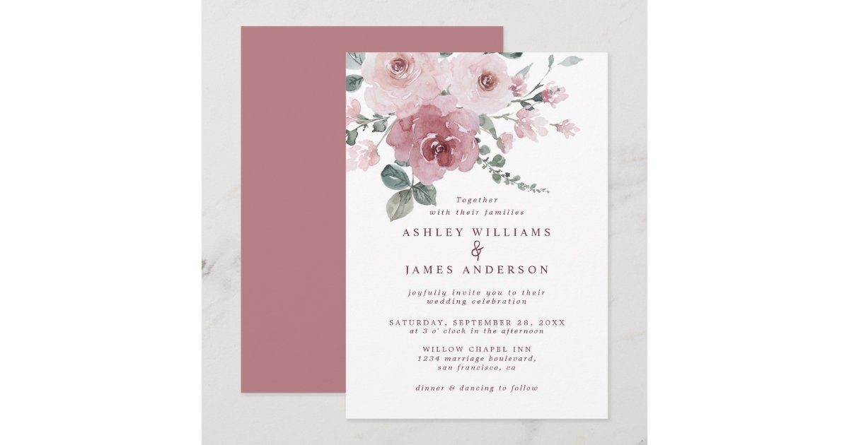 Dusty Pink Rose Burgundy Floral Wedding Invitation | Zazzle