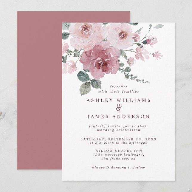 Dusty Pink Rose Burgundy Floral Wedding Invitation (Front/Back)