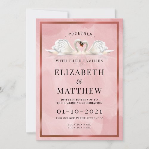 Dusty Pink Rose Color Theme with Swans Wedding Invitation