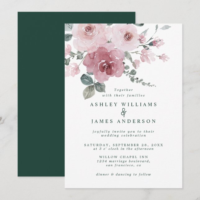 Dusty Pink Rose Dark Green Floral Wedding Invitation (Front/Back)