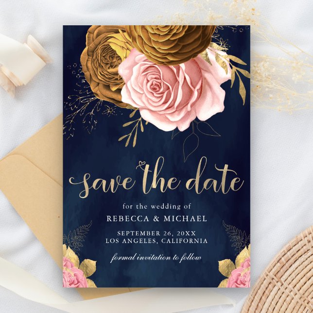 Dusty Pink Rose Earthy Floral Navy Wedding Save The Date (Creator Uploaded)