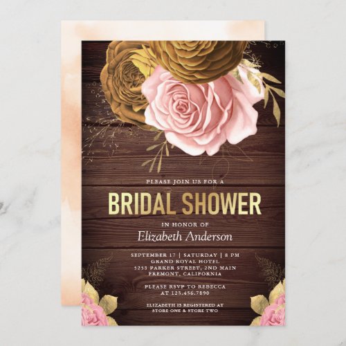 Dusty Pink Rose Earthy Floral Wood Bridal Shower Invitation