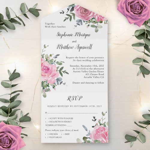 Dusty Pink Rose Eucalyptus Botanical Wedding All In One Invitation