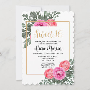 Dusty Pink Rose Flora Greenery Gold Sweet 16 Invitation
